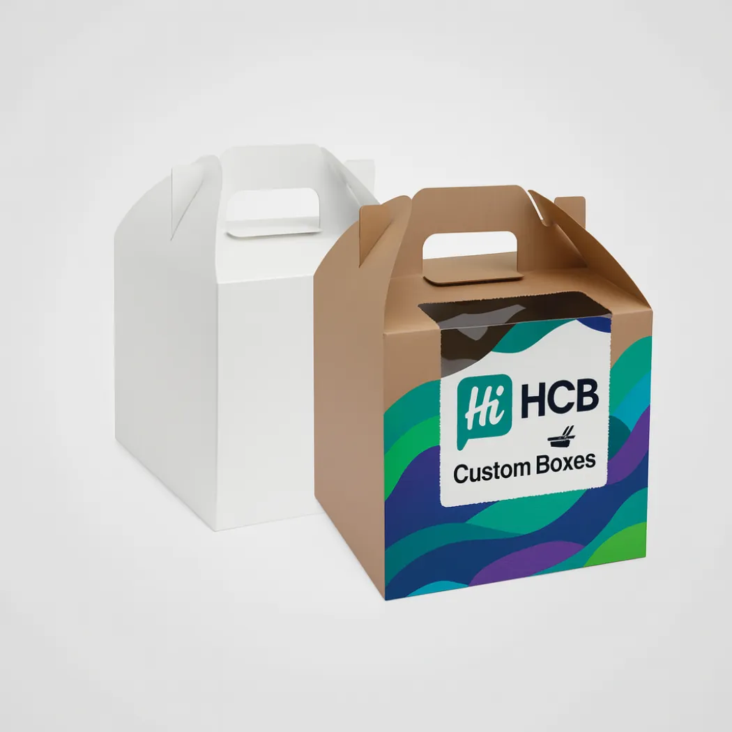 Two cardboard gable boxes with handles- one plain white and one with blue wave branding- class=